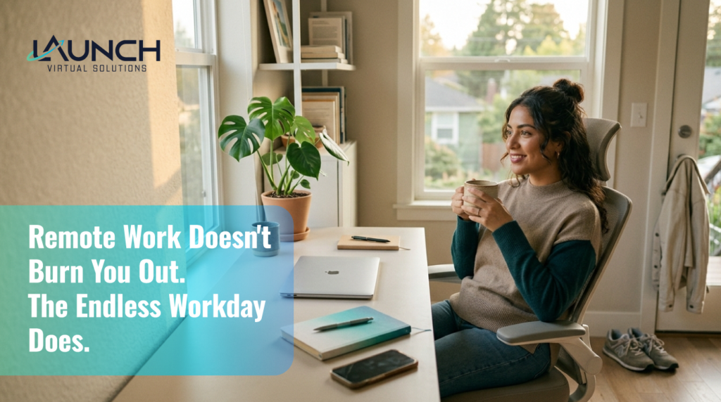 Remote worker at a home desk closing their laptop at the end of the day, symbolizing a healthy work-life boundary